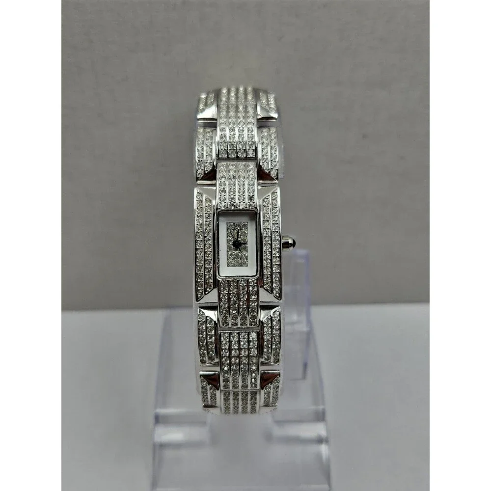 Suzanne Somers Womens Pave Rhinestone Tank Watch Silver Tone Y2K New Battery
